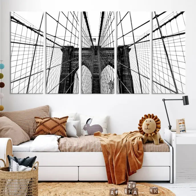 The Large Brooklyn Bridge Wall Art Canvas Print, a black and white photograph of a bridge, is elegantly displayed in two panels. The artwork is printed on museum-quality canvases.