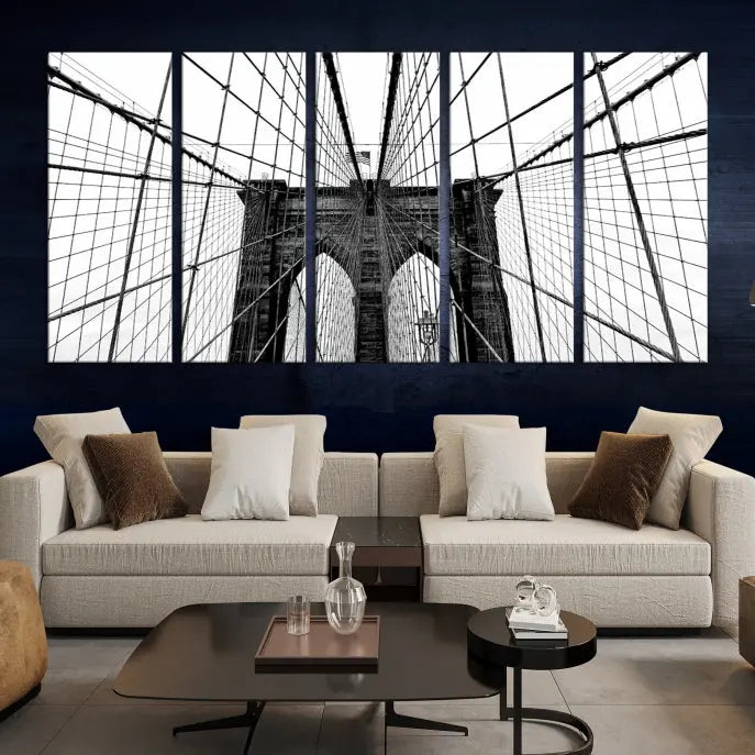 The Large Brooklyn Bridge Wall Art Canvas Print, a black and white photograph of a bridge, is elegantly displayed in two panels. The artwork is printed on museum-quality canvases.