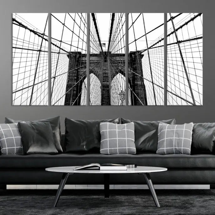 The Large Brooklyn Bridge Wall Art Canvas Print, a black and white photograph of a bridge, is elegantly displayed in two panels. The artwork is printed on museum-quality canvases.