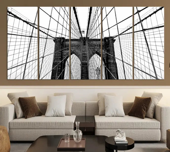 The Large Brooklyn Bridge Wall Art Canvas Print, a black and white photograph of a bridge, is elegantly displayed in two panels. The artwork is printed on museum-quality canvases.