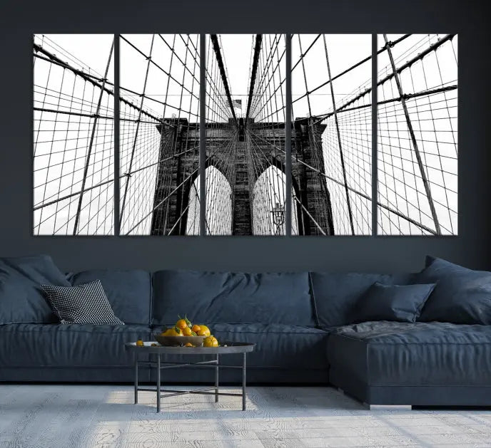 The Large Brooklyn Bridge Wall Art Canvas Print, a black and white photograph of a bridge, is elegantly displayed in two panels. The artwork is printed on museum-quality canvases.