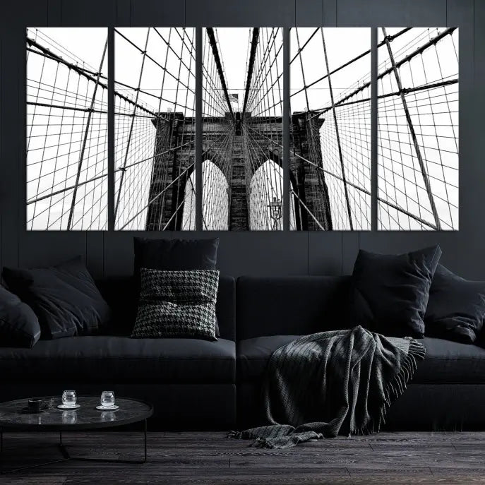 The Large Brooklyn Bridge Wall Art Canvas Print, a black and white photograph of a bridge, is elegantly displayed in two panels. The artwork is printed on museum-quality canvases.