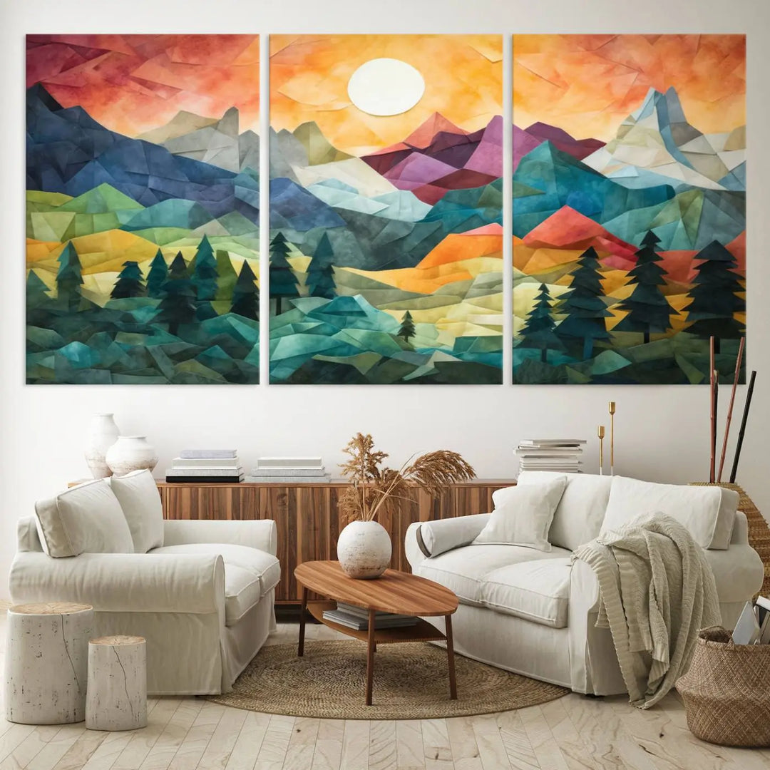 Large Colorful Abstract Mountain Landscape Canvas Wall Art - Geometric Nature Artwork - Vibrant Sunlit Forest Scene for Home Decor