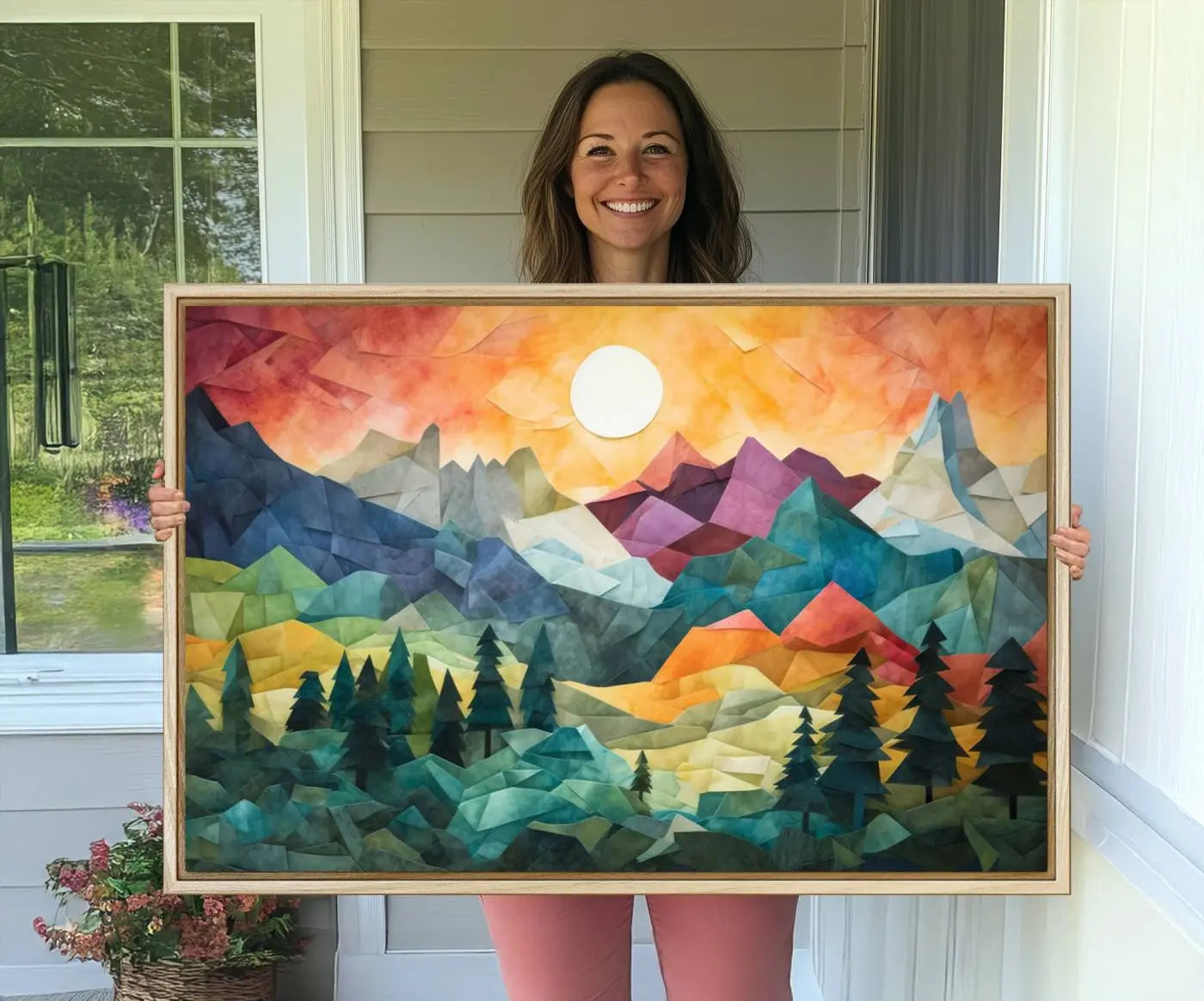 90654-MGV-CV-36X24-Colorful Abstract Mountain Wall Art Canvas Print – Geometric Vibrant Landscape Artwork for Modern Home, Office Decor