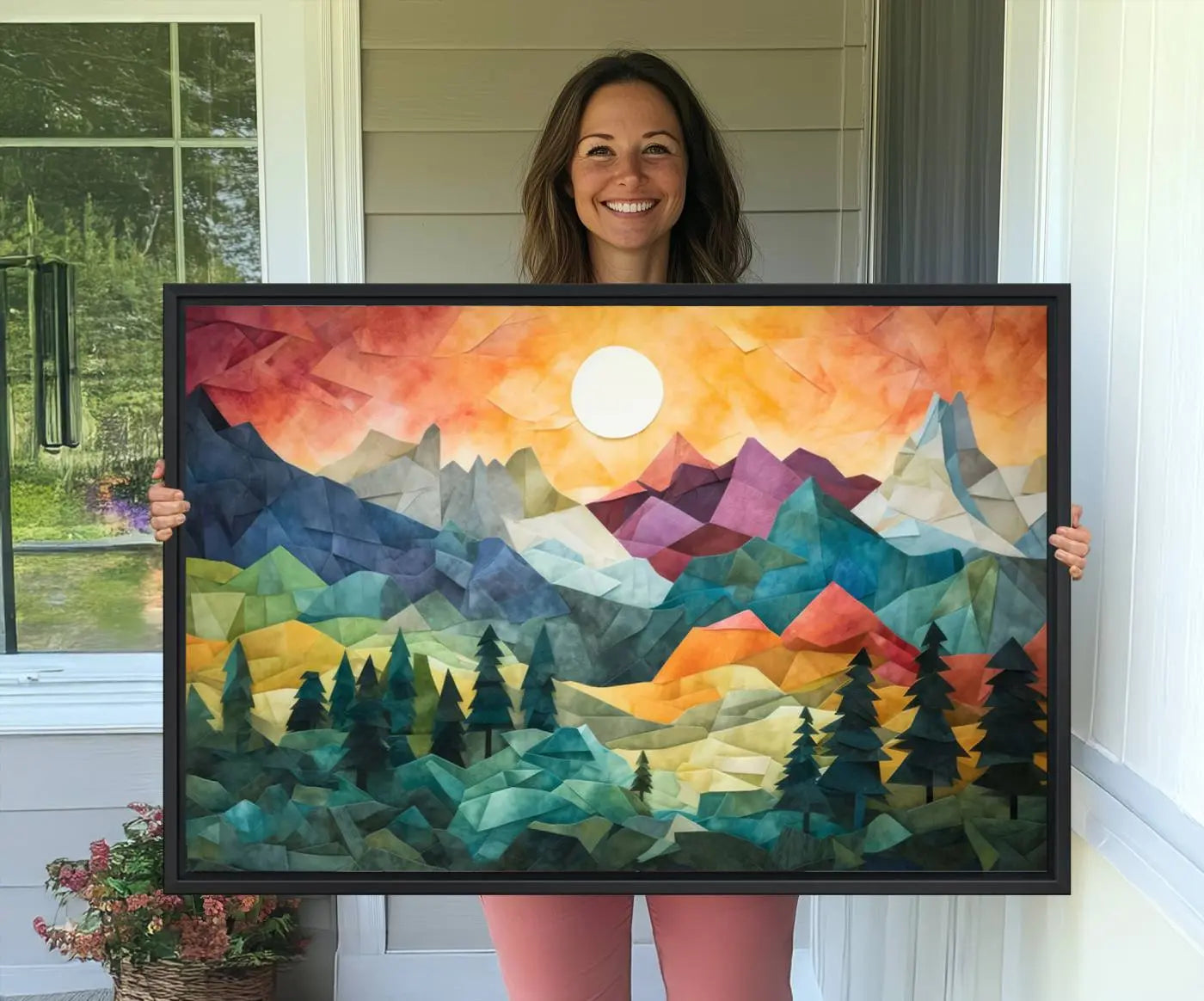 90654-MGV-CV-36X24-Colorful Abstract Mountain Wall Art Canvas Print – Geometric Vibrant Landscape Artwork for Modern Home, Office Decor