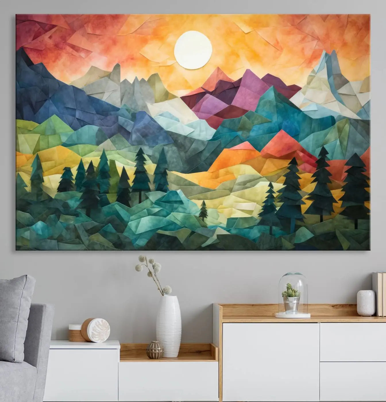 90654-MGV-CV-36X24-Colorful Abstract Mountain Wall Art Canvas Print – Geometric Vibrant Landscape Artwork for Modern Home, Office Decor