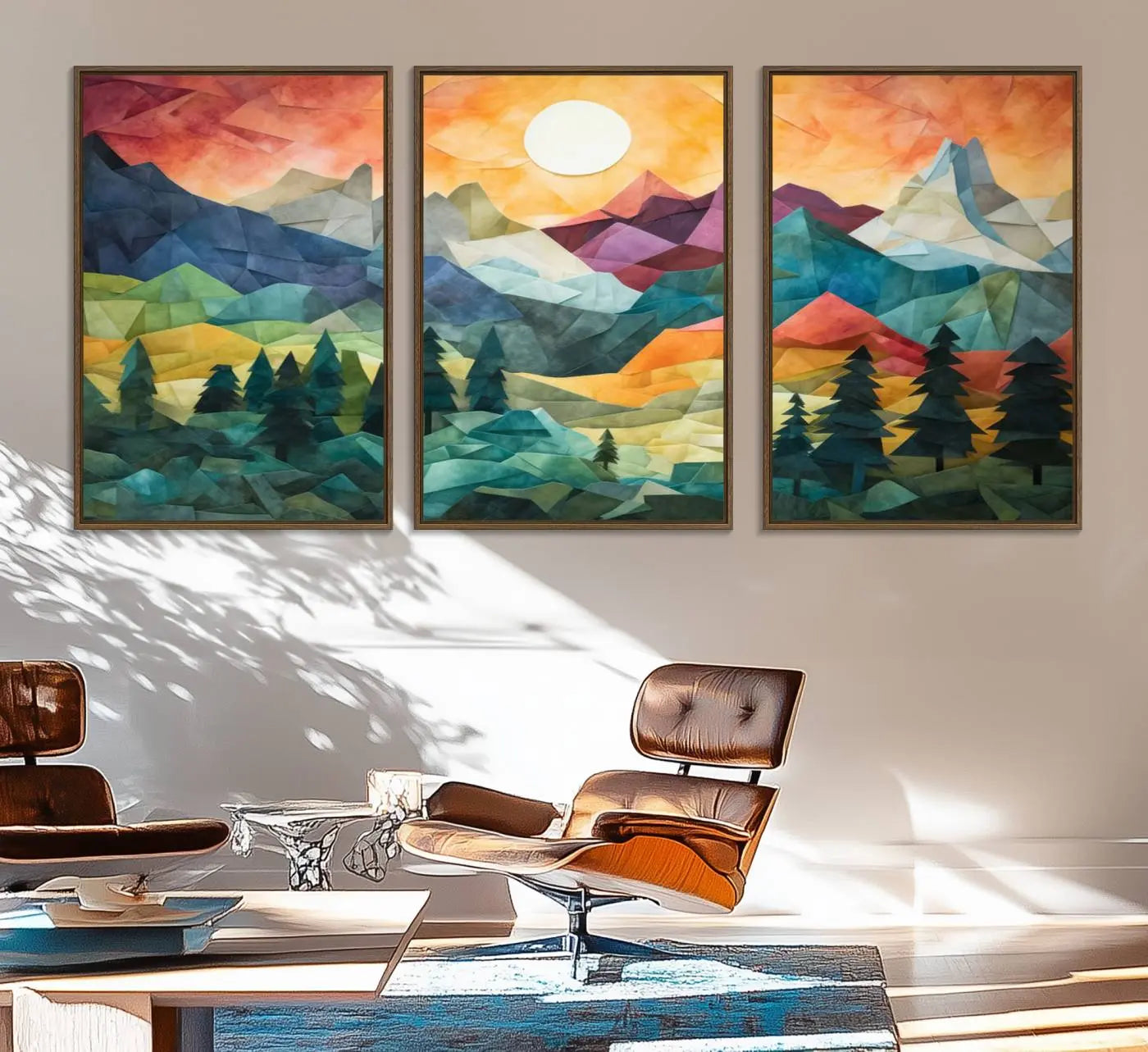 90654-MGV-FC-60X30-3P_Walnut-Colorful Abstract Mountain Wall Art Canvas Print – Geometric Vibrant Landscape Artwork for Modern Home, Office Decor