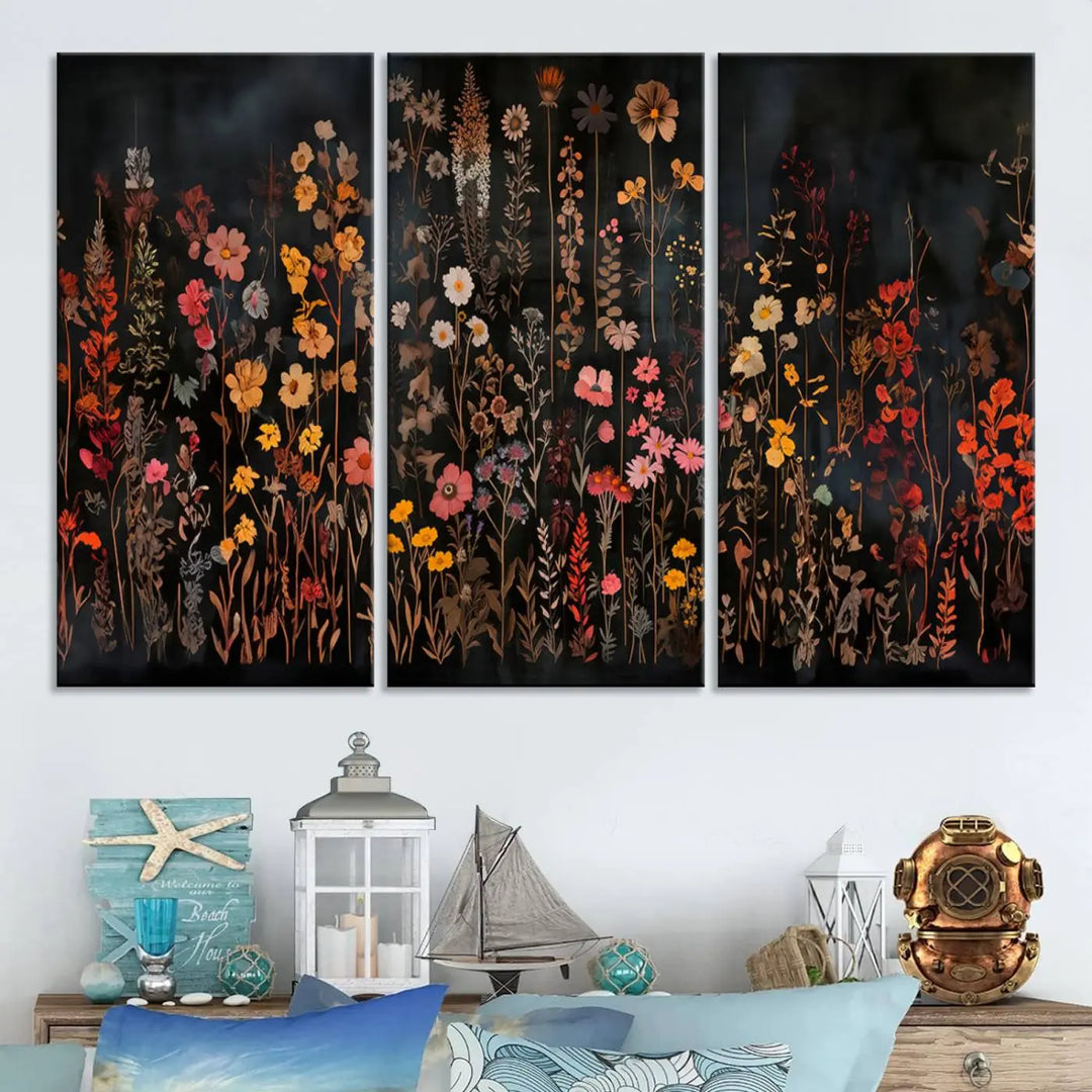 Above the modern sofa, a vibrant world map canvas triptych is accompanied by the "Large Floral Painting Print Illustration Flowers Canvas Wall Art Botanical Wall Decor Modern Wildflower Poster.