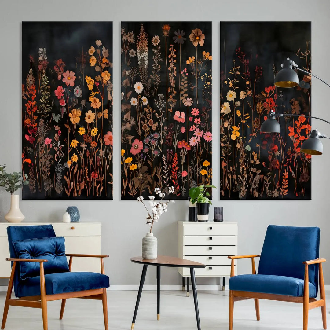 Above the modern sofa, a vibrant world map canvas triptych is accompanied by the "Large Floral Painting Print Illustration Flowers Canvas Wall Art Botanical Wall Decor Modern Wildflower Poster.