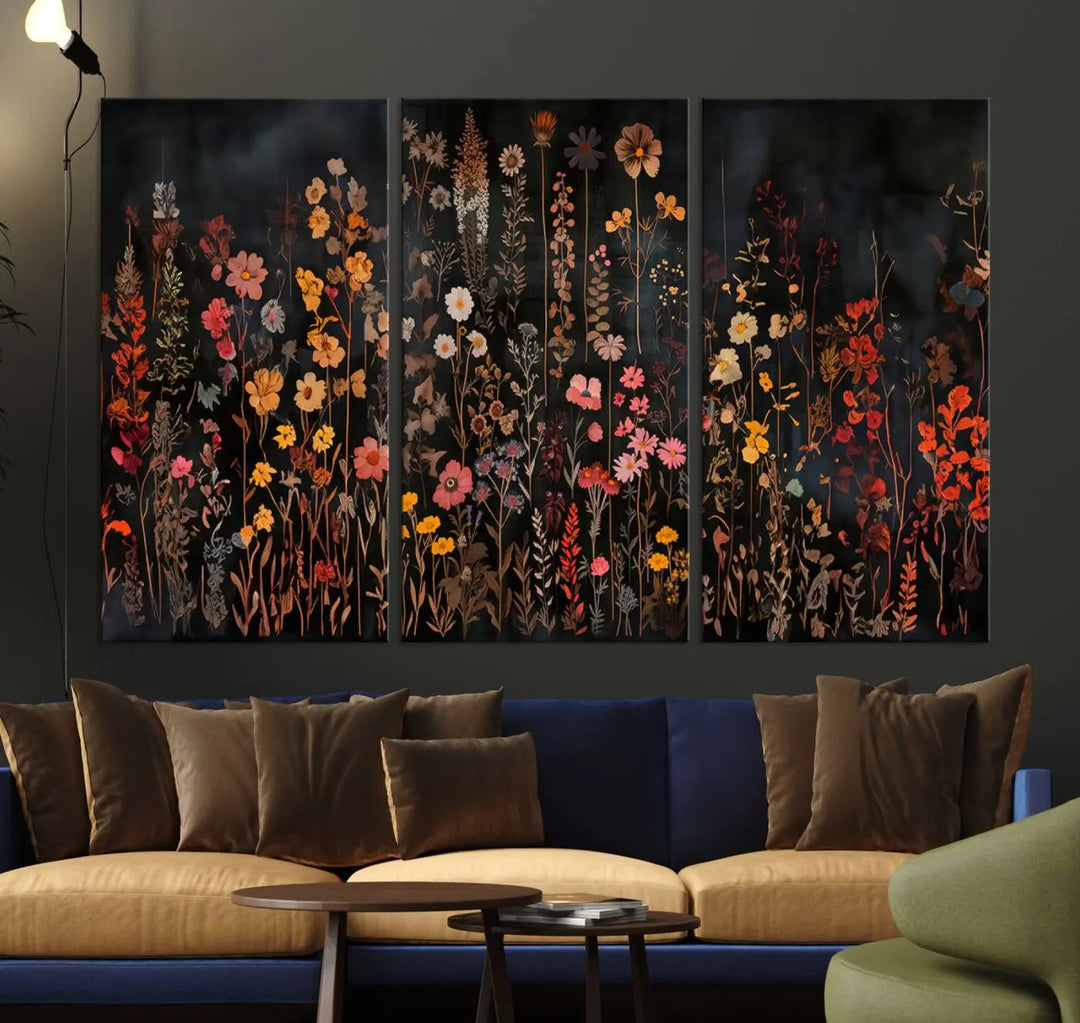 Above the modern sofa, a vibrant world map canvas triptych is accompanied by the "Large Floral Painting Print Illustration Flowers Canvas Wall Art Botanical Wall Decor Modern Wildflower Poster.