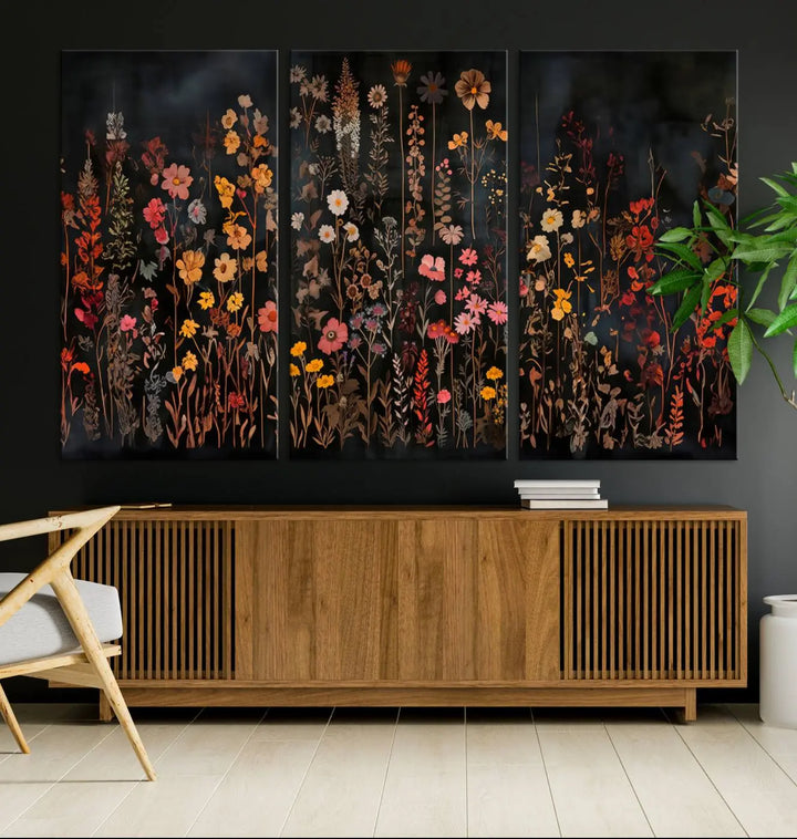 Above the modern sofa, a vibrant world map canvas triptych is accompanied by the "Large Floral Painting Print Illustration Flowers Canvas Wall Art Botanical Wall Decor Modern Wildflower Poster.