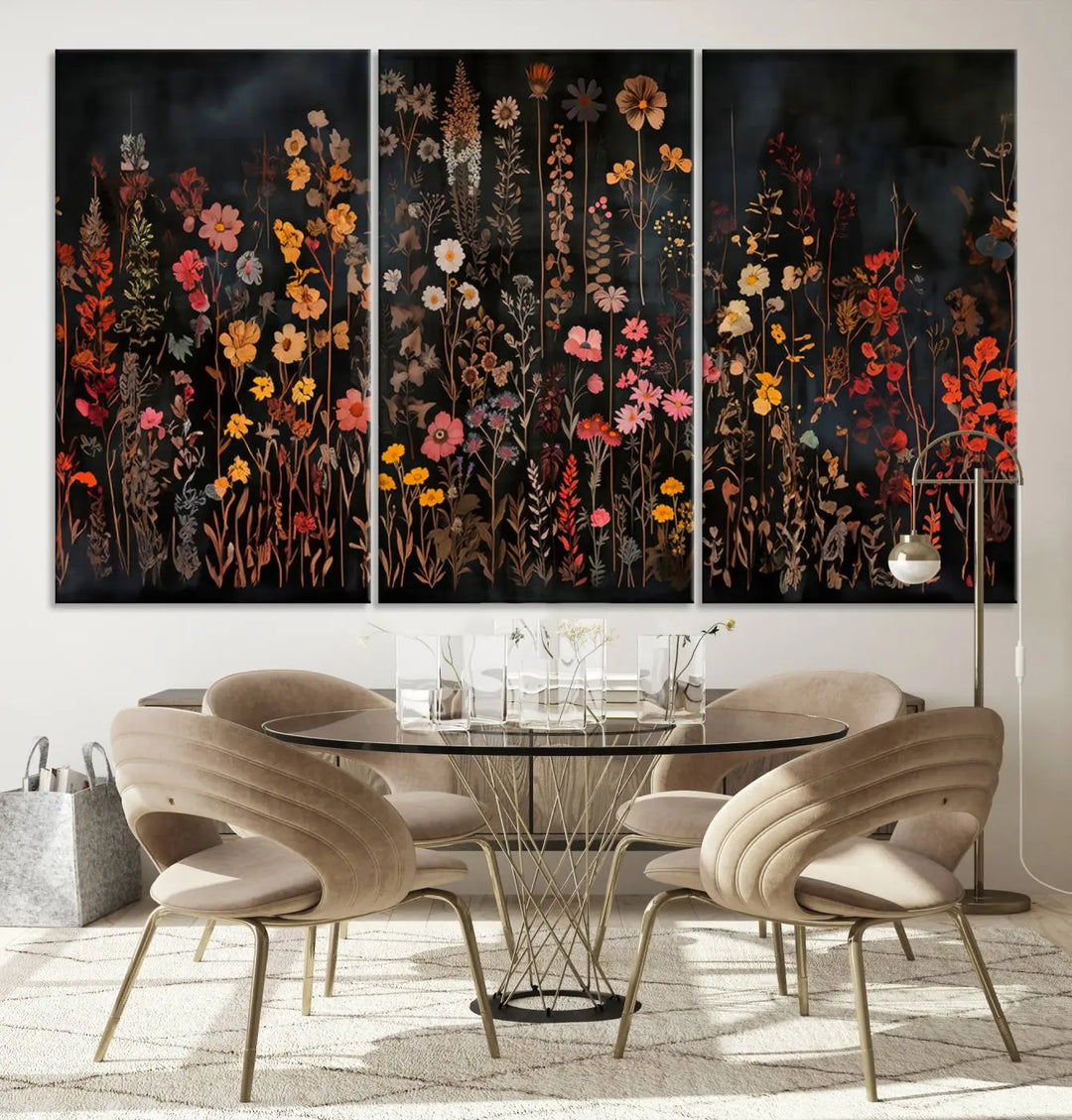 Above the modern sofa, a vibrant world map canvas triptych is accompanied by the "Large Floral Painting Print Illustration Flowers Canvas Wall Art Botanical Wall Decor Modern Wildflower Poster.