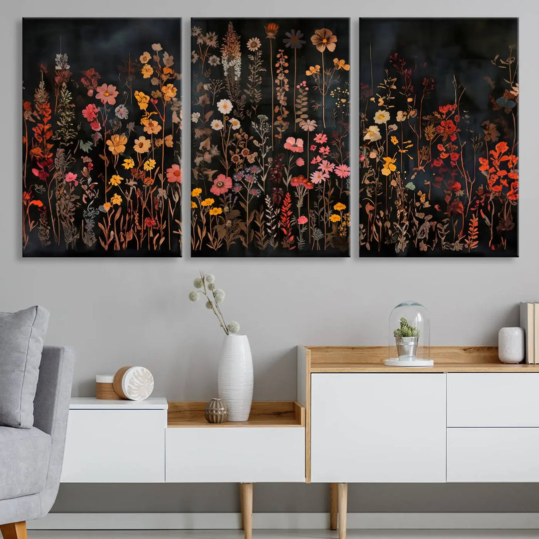 Above the modern sofa, a vibrant world map canvas triptych is accompanied by the "Large Floral Painting Print Illustration Flowers Canvas Wall Art Botanical Wall Decor Modern Wildflower Poster.