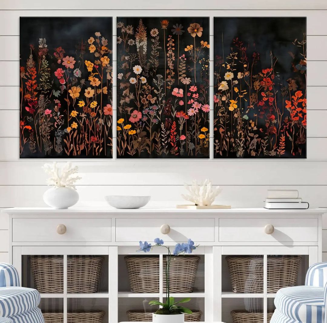 Above the modern sofa, a vibrant world map canvas triptych is accompanied by the "Large Floral Painting Print Illustration Flowers Canvas Wall Art Botanical Wall Decor Modern Wildflower Poster.