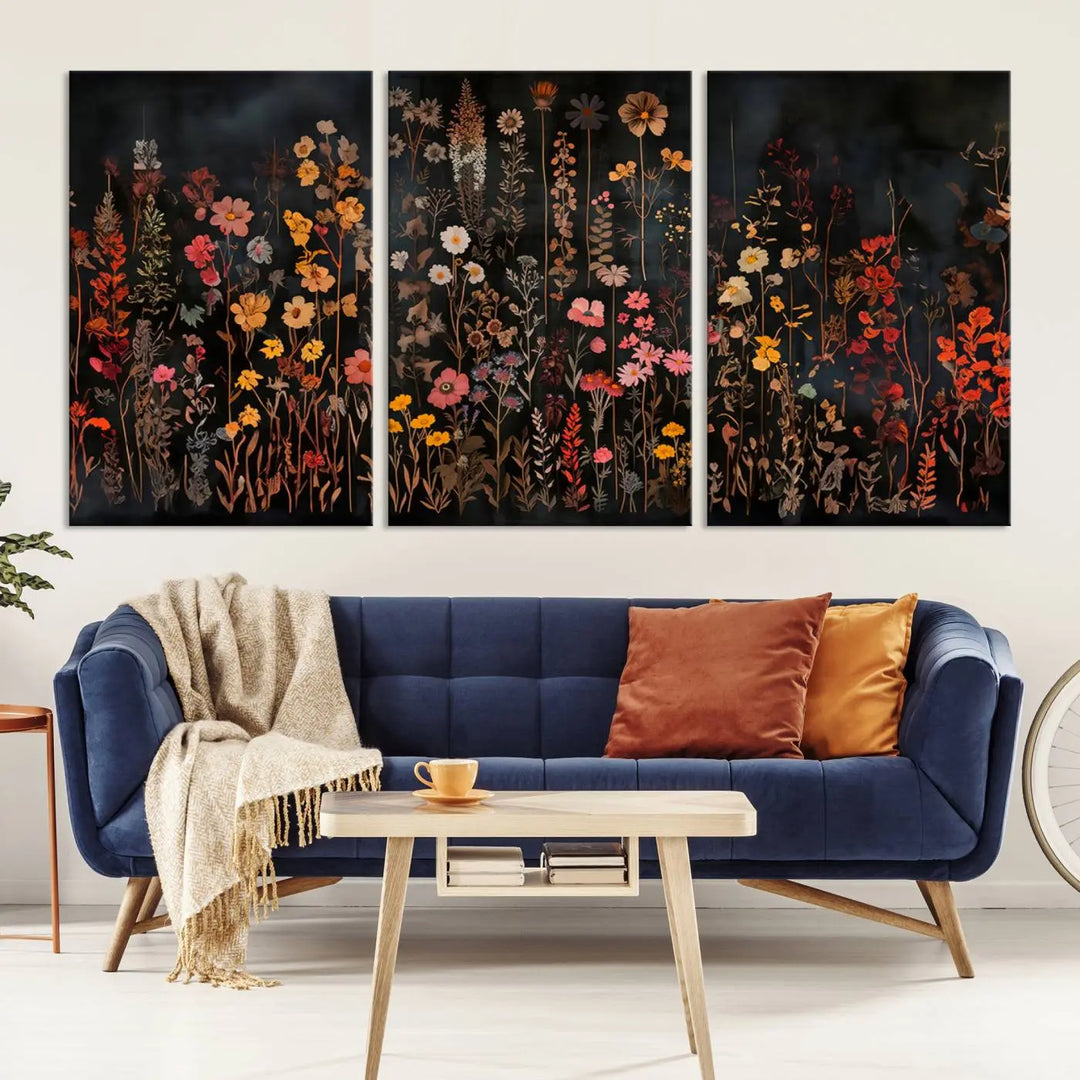 Above the modern sofa, a vibrant world map canvas triptych is accompanied by the "Large Floral Painting Print Illustration Flowers Canvas Wall Art Botanical Wall Decor Modern Wildflower Poster.