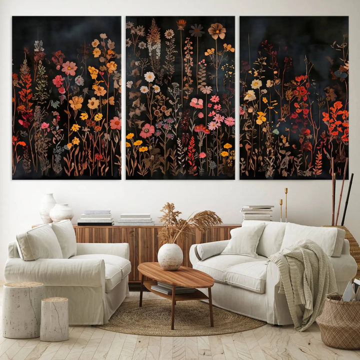 Above the modern sofa, a vibrant world map canvas triptych is accompanied by the "Large Floral Painting Print Illustration Flowers Canvas Wall Art Botanical Wall Decor Modern Wildflower Poster.