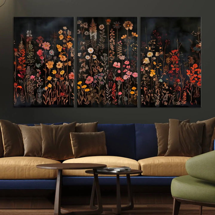 Above the modern sofa, a vibrant world map canvas triptych is accompanied by the "Large Floral Painting Print Illustration Flowers Canvas Wall Art Botanical Wall Decor Modern Wildflower Poster.