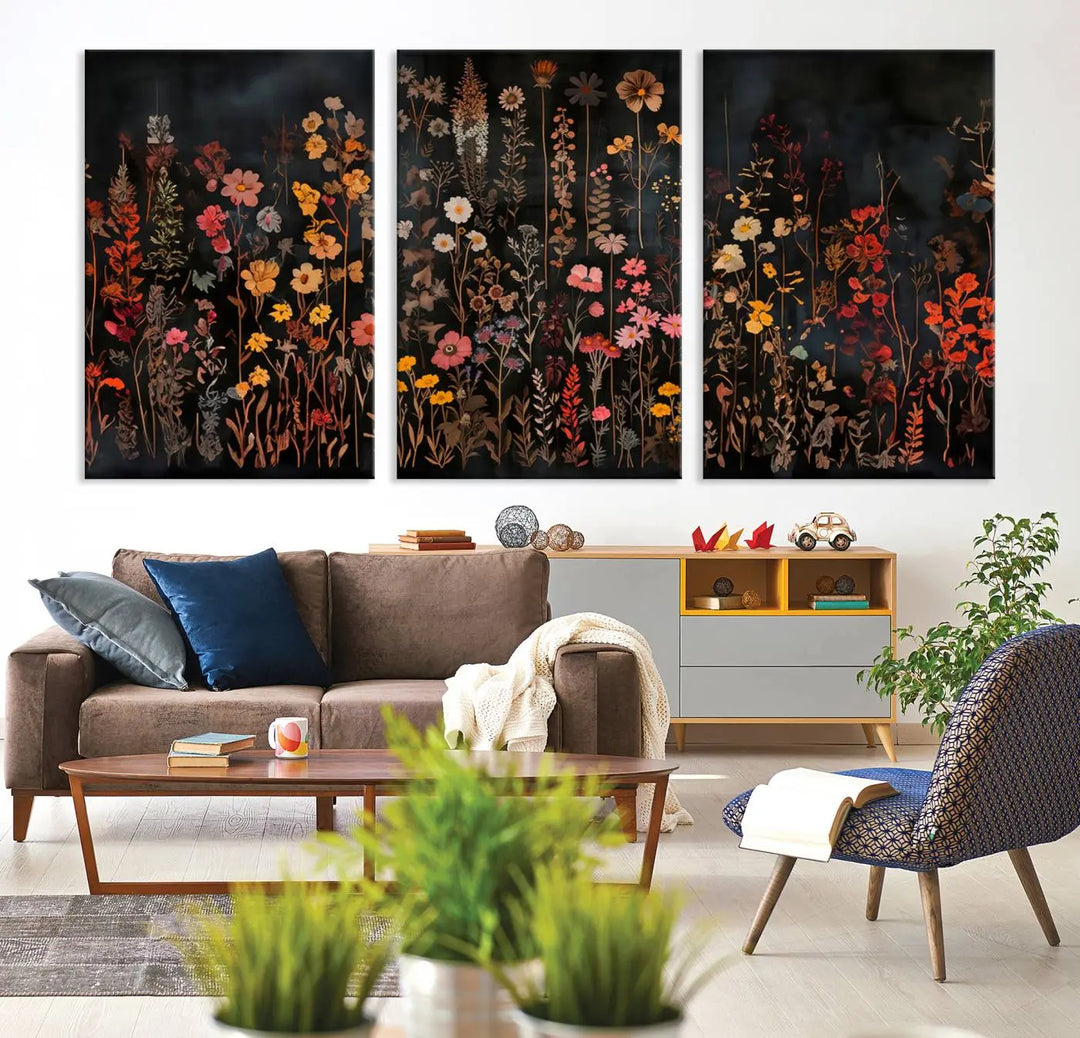 Above the modern sofa, a vibrant world map canvas triptych is accompanied by the "Large Floral Painting Print Illustration Flowers Canvas Wall Art Botanical Wall Decor Modern Wildflower Poster.