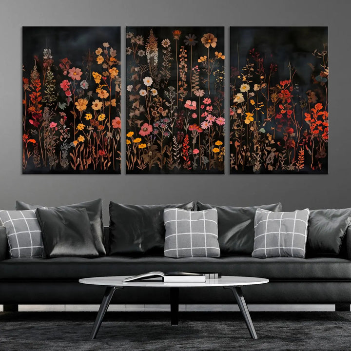 Above the modern sofa, a vibrant world map canvas triptych is accompanied by the "Large Floral Painting Print Illustration Flowers Canvas Wall Art Botanical Wall Decor Modern Wildflower Poster.