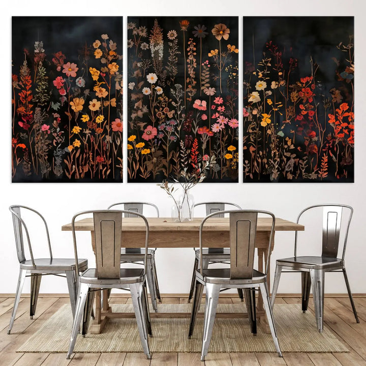 Above the modern sofa, a vibrant world map canvas triptych is accompanied by the "Large Floral Painting Print Illustration Flowers Canvas Wall Art Botanical Wall Decor Modern Wildflower Poster.