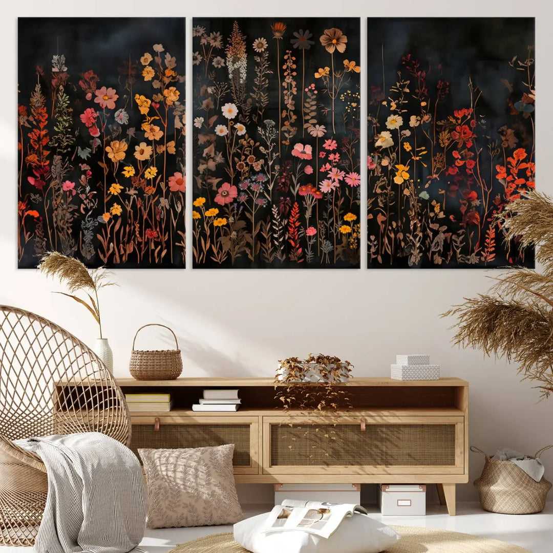 Above the modern sofa, a vibrant world map canvas triptych is accompanied by the "Large Floral Painting Print Illustration Flowers Canvas Wall Art Botanical Wall Decor Modern Wildflower Poster.