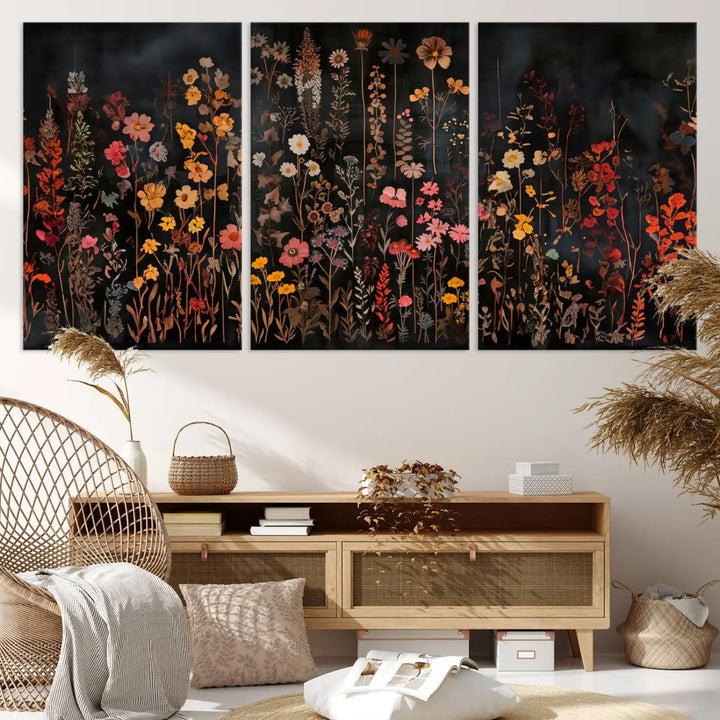 Above the modern sofa, a vibrant world map canvas triptych is accompanied by the "Large Floral Painting Print Illustration Flowers Canvas Wall Art Botanical Wall Decor Modern Wildflower Poster.