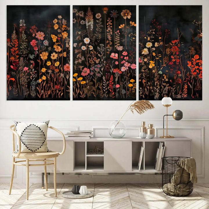 Above the modern sofa, a vibrant world map canvas triptych is accompanied by the "Large Floral Painting Print Illustration Flowers Canvas Wall Art Botanical Wall Decor Modern Wildflower Poster.