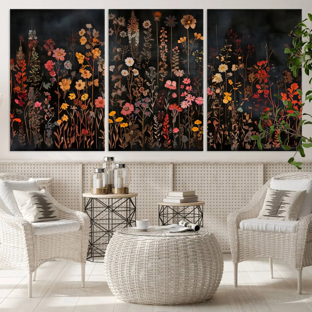 Above the modern sofa, a vibrant world map canvas triptych is accompanied by the "Large Floral Painting Print Illustration Flowers Canvas Wall Art Botanical Wall Decor Modern Wildflower Poster.