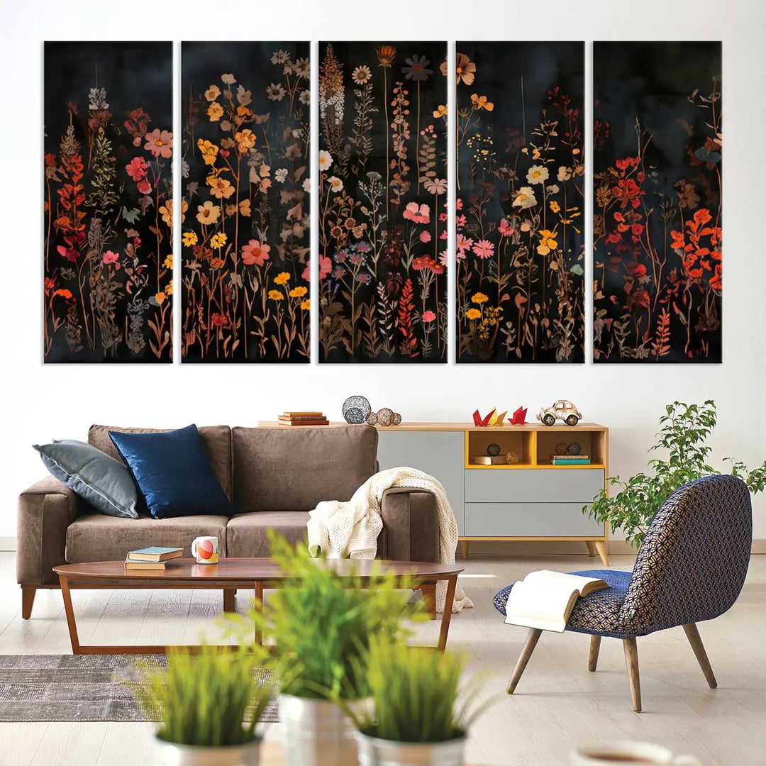 Above the modern sofa, a vibrant world map canvas triptych is accompanied by the "Large Floral Painting Print Illustration Flowers Canvas Wall Art Botanical Wall Decor Modern Wildflower Poster.