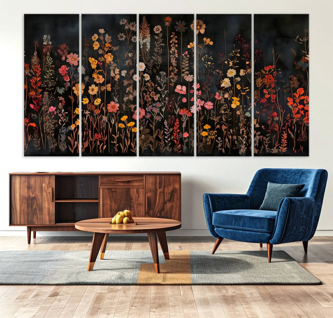 Above the modern sofa, a vibrant world map canvas triptych is accompanied by the "Large Floral Painting Print Illustration Flowers Canvas Wall Art Botanical Wall Decor Modern Wildflower Poster.