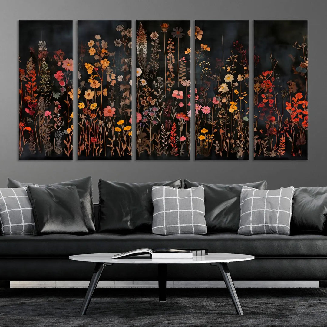 Above the modern sofa, a vibrant world map canvas triptych is accompanied by the "Large Floral Painting Print Illustration Flowers Canvas Wall Art Botanical Wall Decor Modern Wildflower Poster.