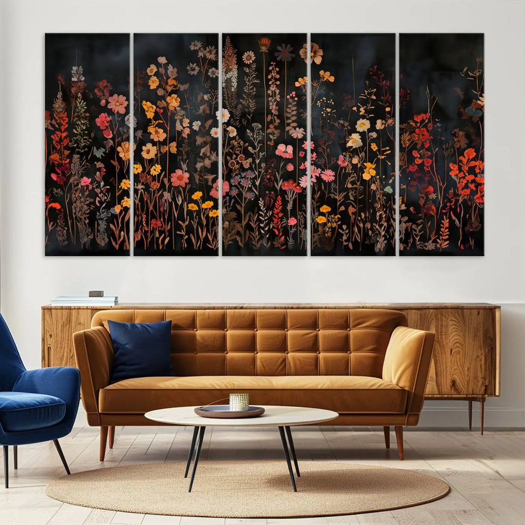 Above the modern sofa, a vibrant world map canvas triptych is accompanied by the "Large Floral Painting Print Illustration Flowers Canvas Wall Art Botanical Wall Decor Modern Wildflower Poster.