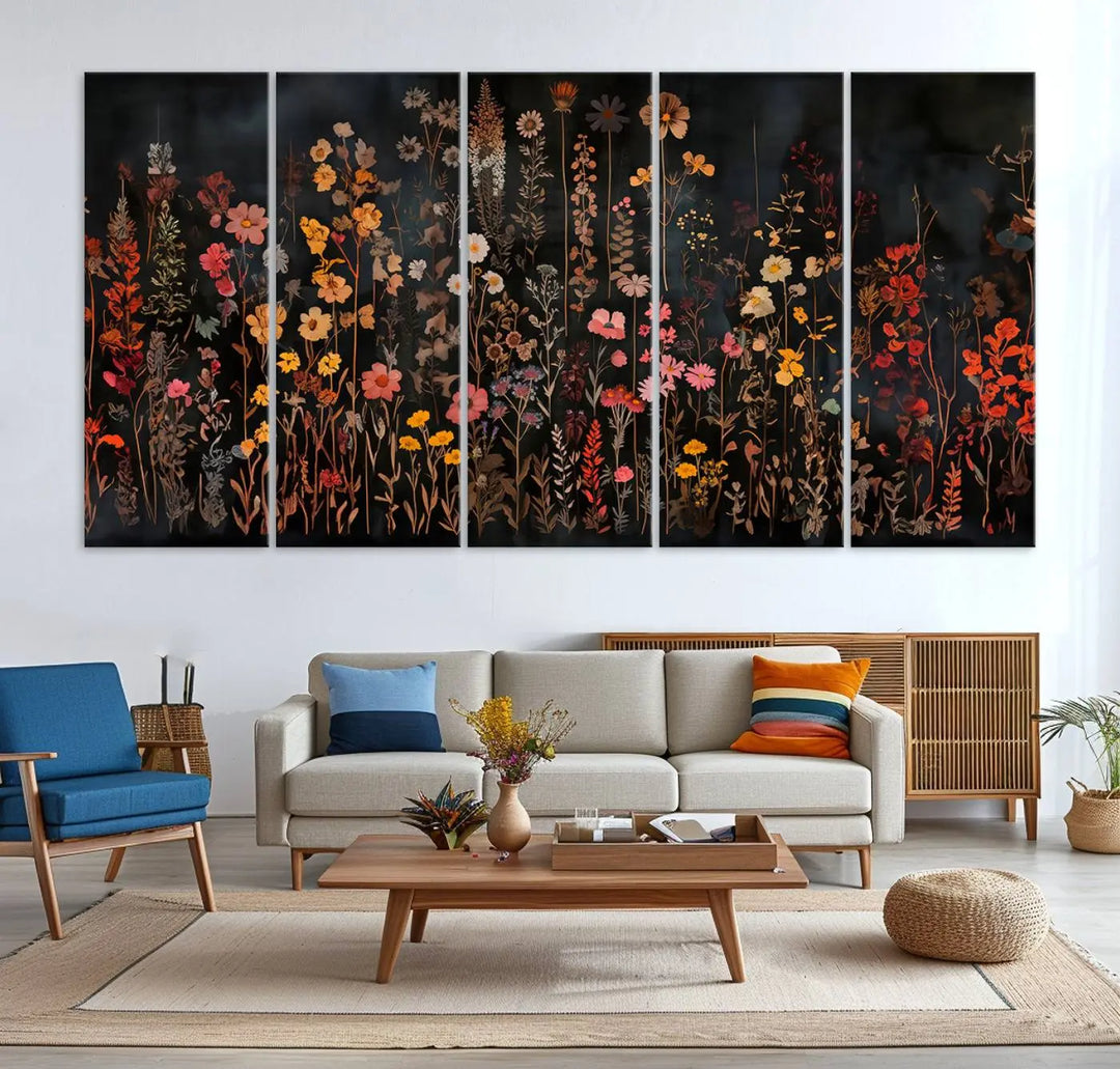 Above the modern sofa, a vibrant world map canvas triptych is accompanied by the "Large Floral Painting Print Illustration Flowers Canvas Wall Art Botanical Wall Decor Modern Wildflower Poster.