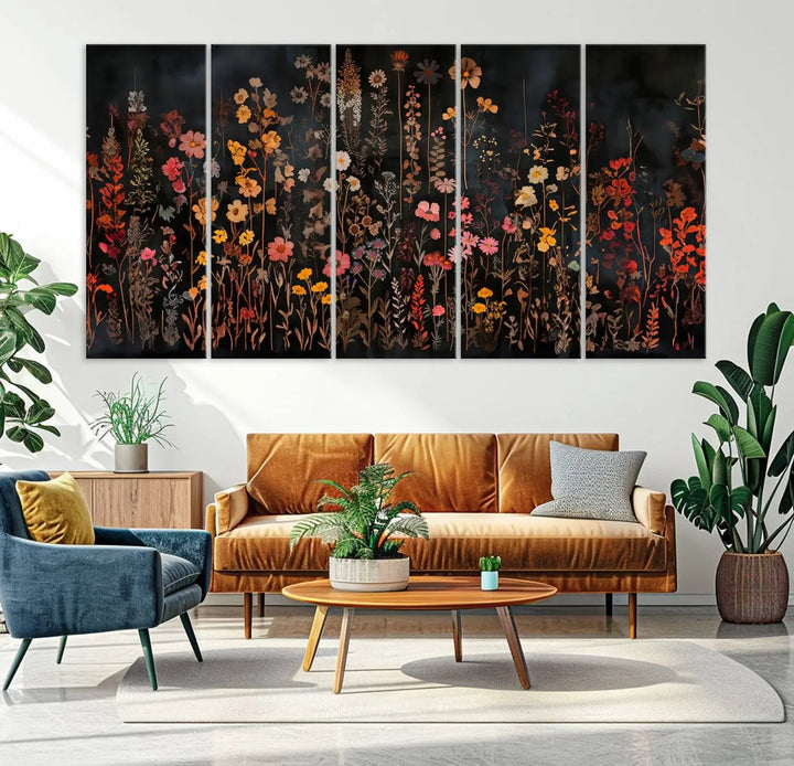 Above the modern sofa, a vibrant world map canvas triptych is accompanied by the "Large Floral Painting Print Illustration Flowers Canvas Wall Art Botanical Wall Decor Modern Wildflower Poster.