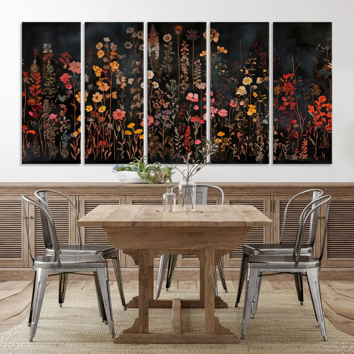 Above the modern sofa, a vibrant world map canvas triptych is accompanied by the "Large Floral Painting Print Illustration Flowers Canvas Wall Art Botanical Wall Decor Modern Wildflower Poster.