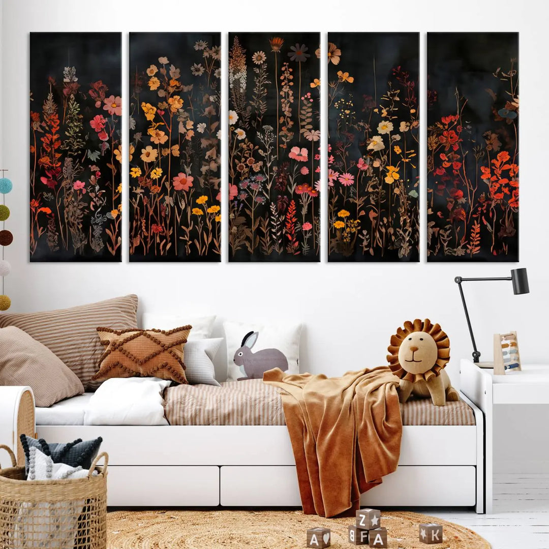 Above the modern sofa, a vibrant world map canvas triptych is accompanied by the "Large Floral Painting Print Illustration Flowers Canvas Wall Art Botanical Wall Decor Modern Wildflower Poster.