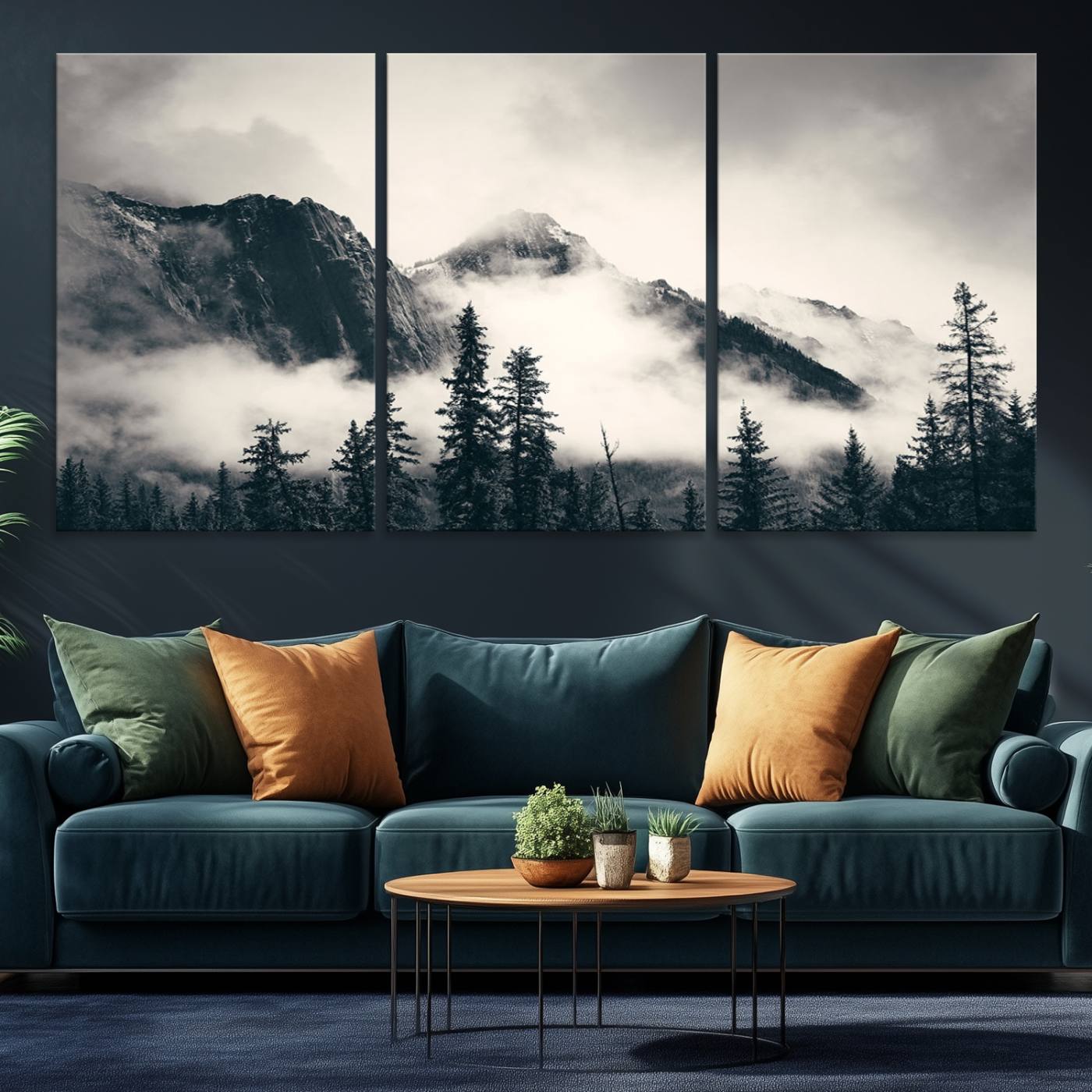 59517-MGV-CV-36X24-Large Foggy Mountain Forest Wall Art Canvas Print | Misty Mountain Peaks and Pine Trees Print | Framed Gallery Wrap | Rustic Nature