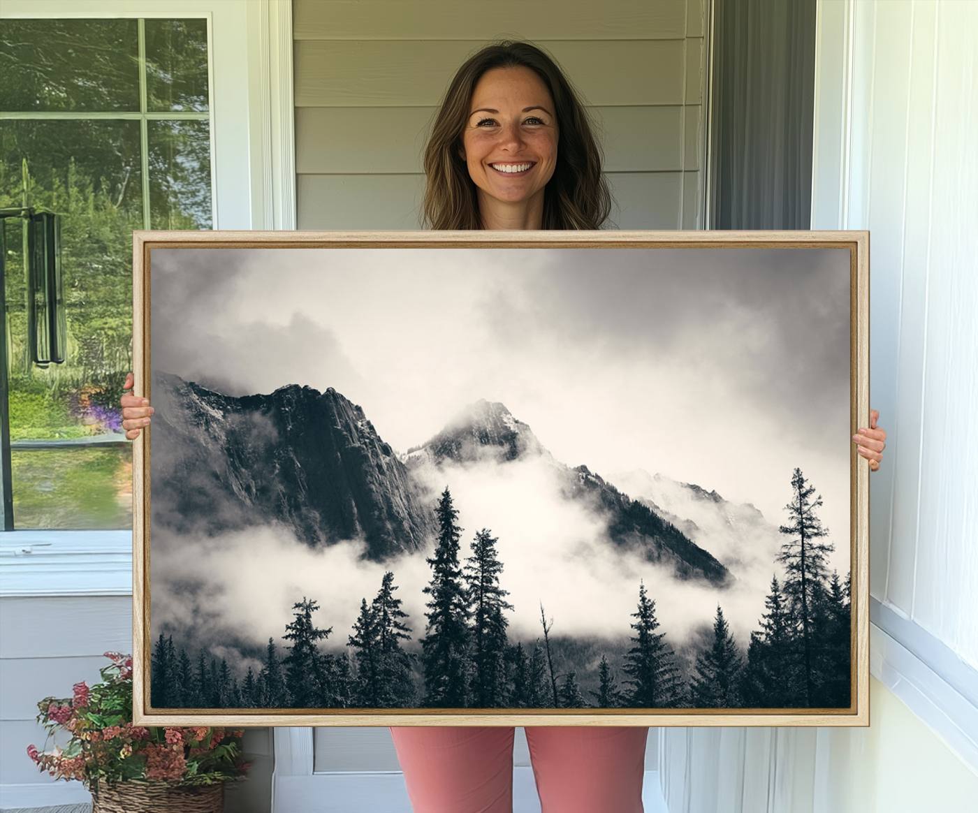 59517-MGV-CV-36X24-Large Foggy Mountain Forest Wall Art Canvas Print | Misty Mountain Peaks and Pine Trees Print | Framed Gallery Wrap | Rustic Nature