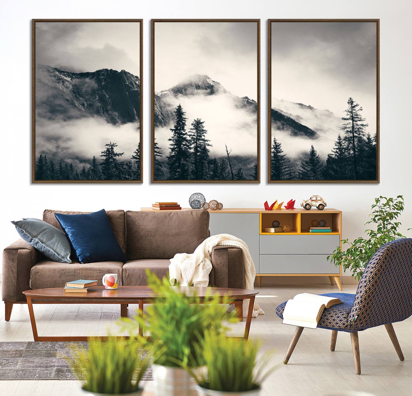 59517-MGV-CV-36X24-Large Foggy Mountain Forest Wall Art Canvas Print | Misty Mountain Peaks and Pine Trees Print | Framed Gallery Wrap | Rustic Nature