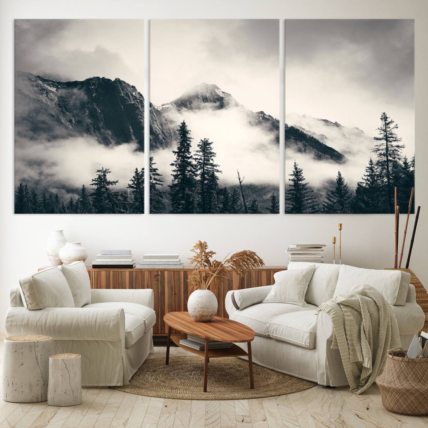 59517-MGV-CV-60X30-3P-Large Foggy Mountain Forest Wall Art Canvas Print | Misty Mountain Peaks and Pine Trees Print | Framed Gallery Wrap | Rustic Nature