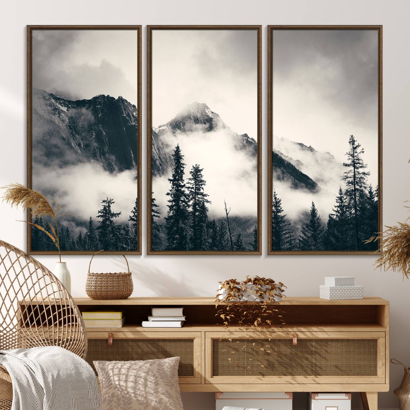 59517-MGV-FC-48X32-3P_Walnut-Large Foggy Mountain Forest Wall Art Canvas Print | Misty Mountain Peaks and Pine Trees Print | Framed Gallery Wrap | Rustic Nature