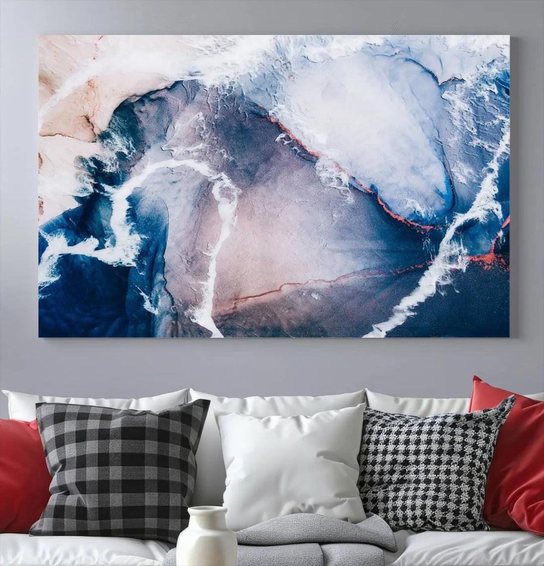 A contemporary living room showcasing the "Large Modern Abstract Canvas Wall Art Print" on museum-quality canvas. The artwork is elegantly framed in the USA for a touch of sophistication.