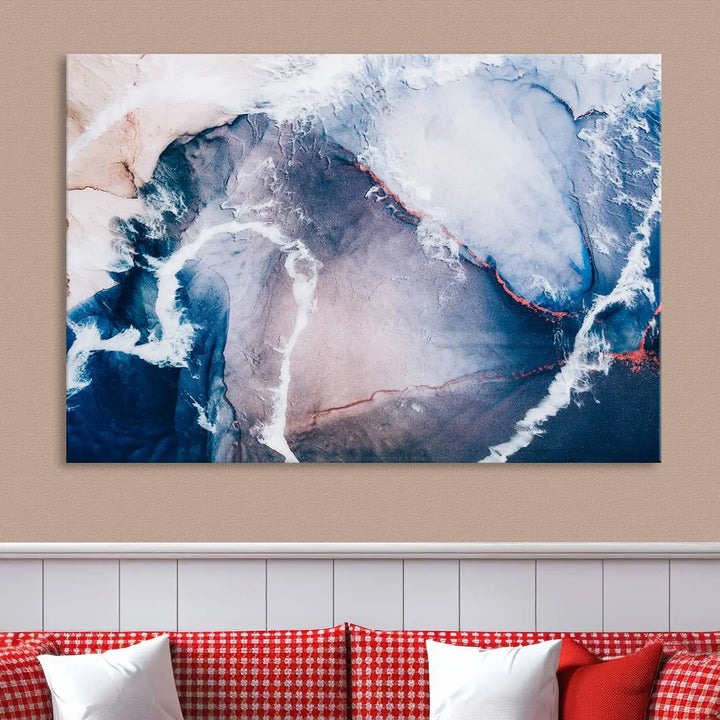 A contemporary living room showcasing the "Large Modern Abstract Canvas Wall Art Print" on museum-quality canvas. The artwork is elegantly framed in the USA for a touch of sophistication.