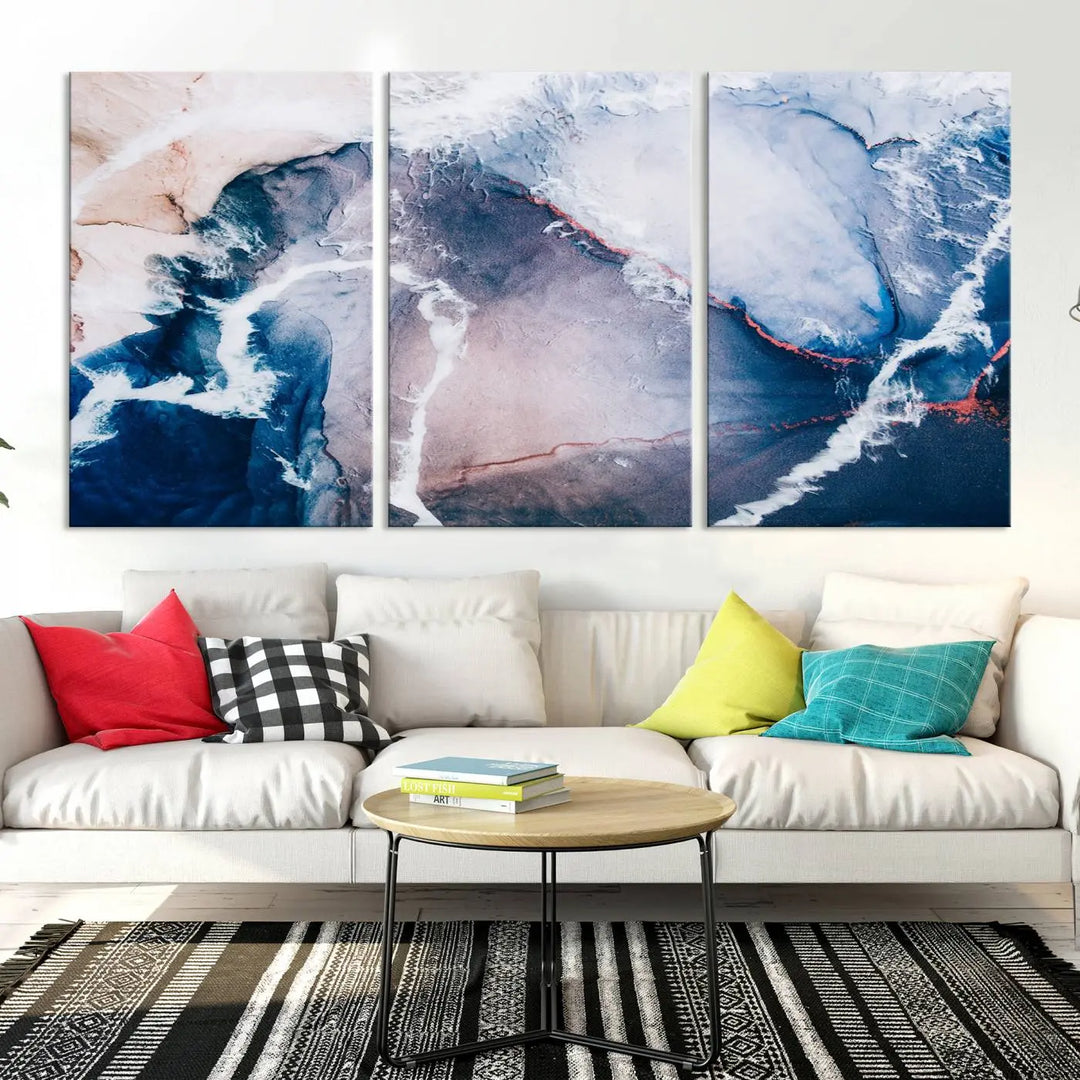 A contemporary living room showcasing the "Large Modern Abstract Canvas Wall Art Print" on museum-quality canvas. The artwork is elegantly framed in the USA for a touch of sophistication.