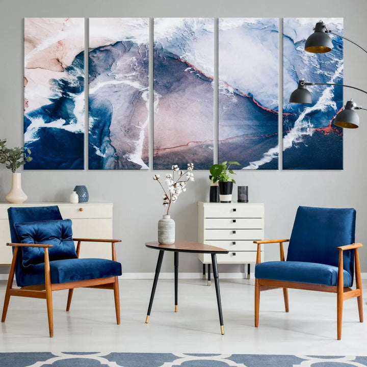 A contemporary living room showcasing the "Large Modern Abstract Canvas Wall Art Print" on museum-quality canvas. The artwork is elegantly framed in the USA for a touch of sophistication.