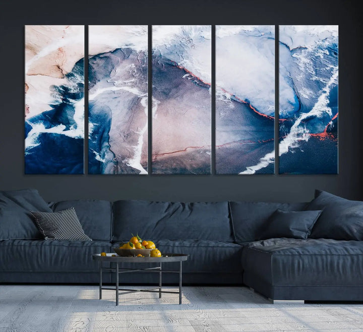 A contemporary living room showcasing the "Large Modern Abstract Canvas Wall Art Print" on museum-quality canvas. The artwork is elegantly framed in the USA for a touch of sophistication.