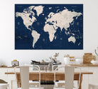 Large Modern World Map Wall Art Canvas Print | 3 Panel Vintage Map for Living Room, Office, or Study | Beige and Navy World Map Art, Ready