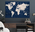 Large Modern World Map Wall Art Canvas Print | 3 Panel Vintage Map for Living Room, Office, or Study | Beige and Navy World Map Art, Ready