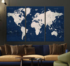 Large Modern World Map Wall Art Canvas Print | 3 Panel Vintage Map for Living Room, Office, or Study | Beige and Navy World Map Art, Ready