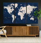 Large Modern World Map Wall Art Canvas Print | 3 Panel Vintage Map for Living Room, Office, or Study | Beige and Navy World Map Art, Ready